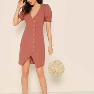 Pink Button Down Ruffle Trip Puff Sleeve Dress